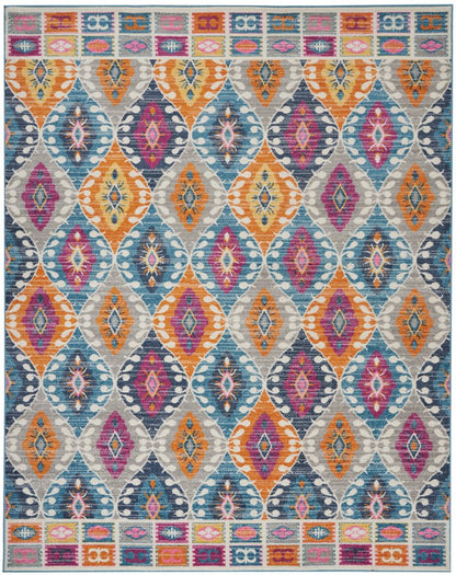 8' X 10' Gray Blue And Orange Ogee Distressed Area Rug