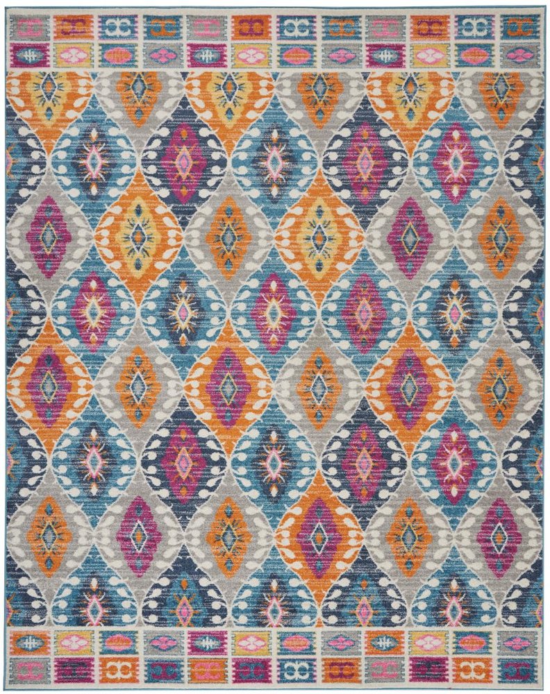8' X 10' Gray Blue And Orange Ogee Distressed Area Rug