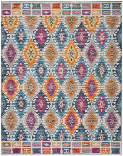 8' X 10' Gray Blue And Orange Ogee Distressed Area Rug
