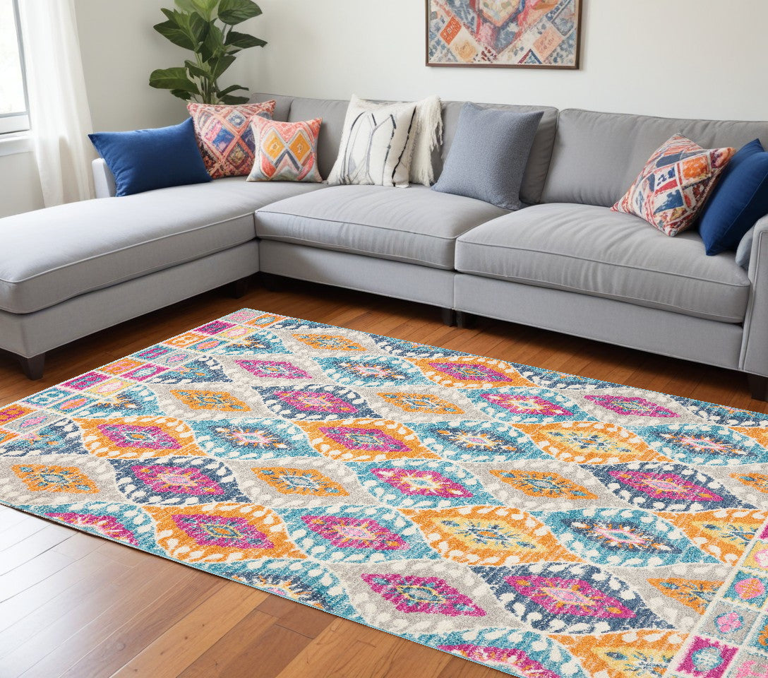 8' Blue And Pink Ogee Power Loom Runner Rug