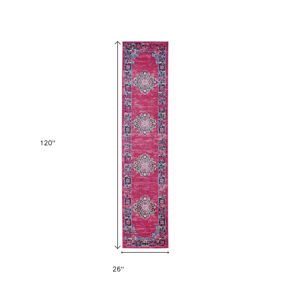 5' X 7' Fuchsia And Blue Oriental Distressed Area Rug
