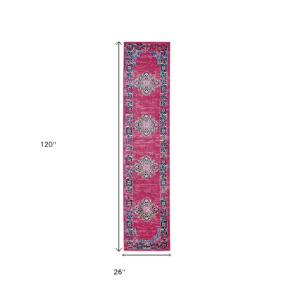 5' X 7' Fuchsia And Blue Oriental Distressed Area Rug