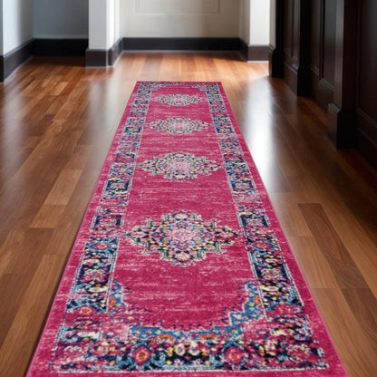5' X 7' Fuchsia And Blue Oriental Distressed Area Rug