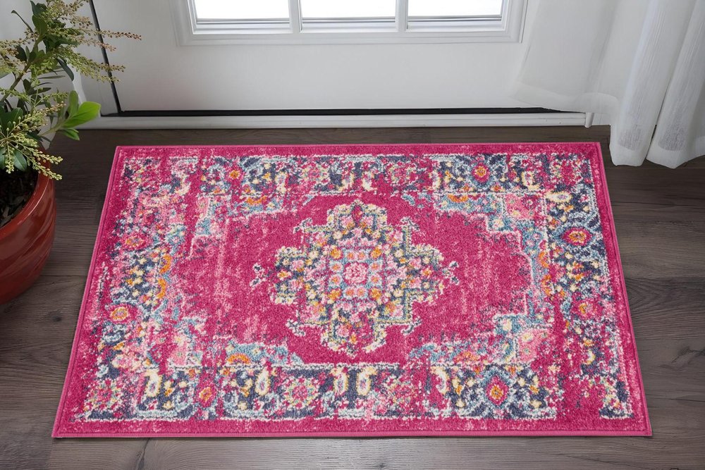 5' X 7' Fuchsia And Blue Oriental Distressed Area Rug