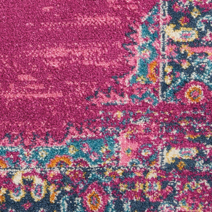10' Fuchsia And Blue Oriental Distressed Runner Rug
