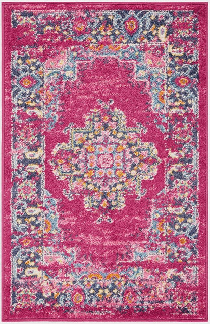 2' X 3' Fuchsia And Blue Oriental Distressed Area Rug