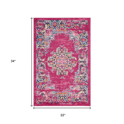 10' Fuchsia And Blue Oriental Distressed Runner Rug