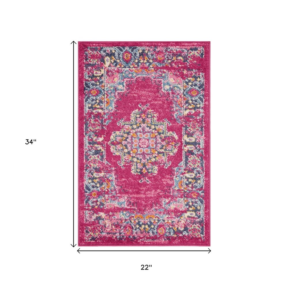 5' X 7' Fuchsia And Blue Oriental Distressed Area Rug