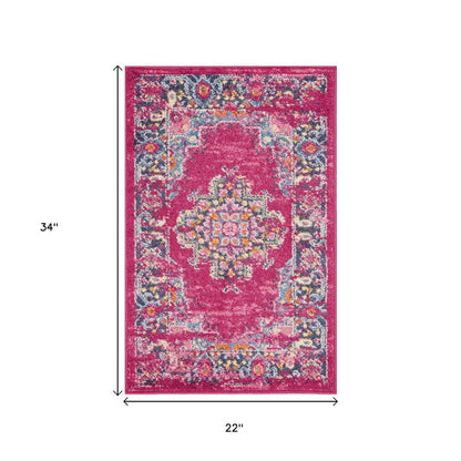 5' X 7' Fuchsia And Blue Oriental Distressed Area Rug