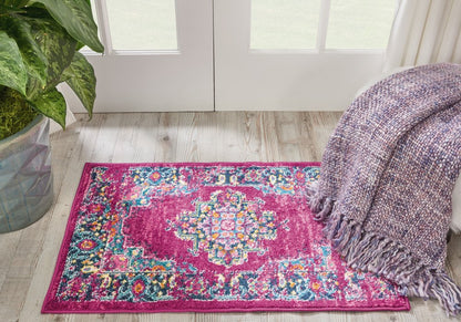 10' Fuchsia And Blue Oriental Distressed Runner Rug