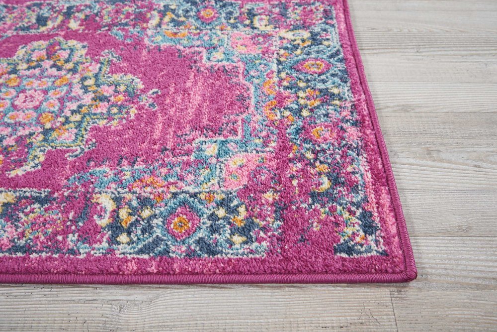 10' Fuchsia And Blue Oriental Distressed Runner Rug