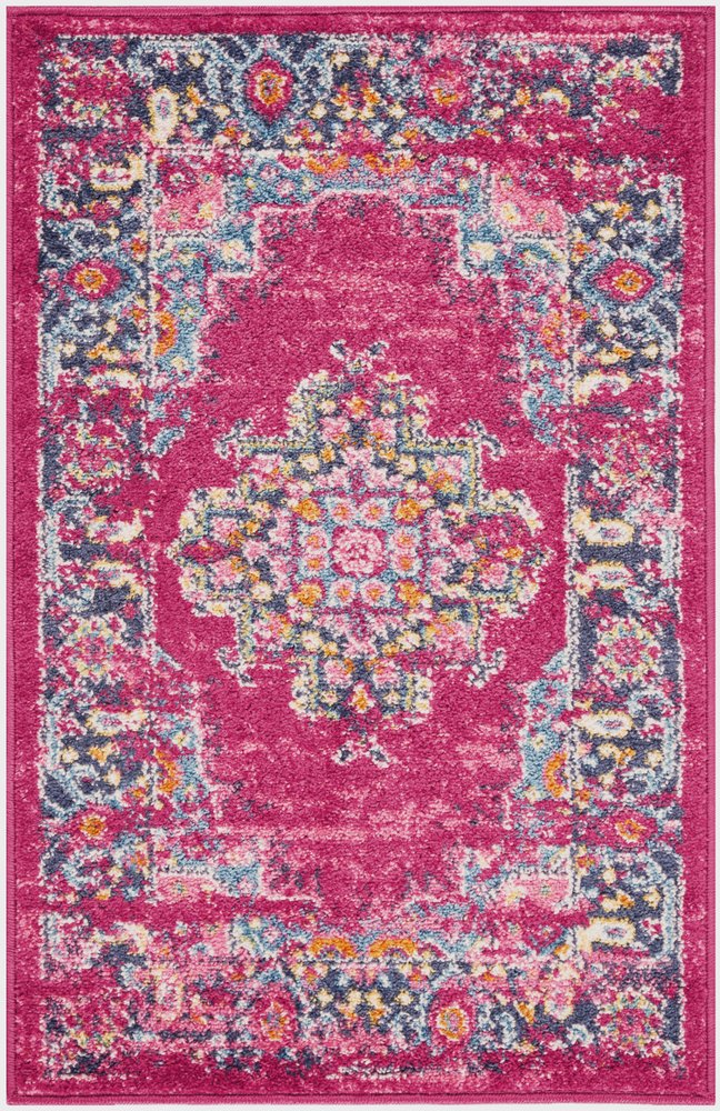 10' Fuchsia And Blue Oriental Distressed Runner Rug