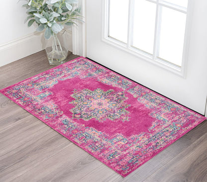 10' Fuchsia And Blue Oriental Distressed Runner Rug