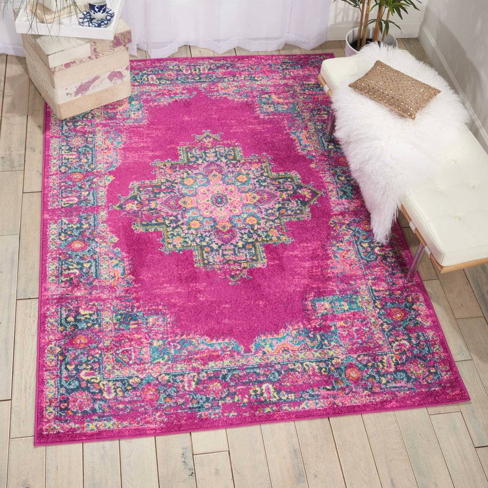 10' Fuchsia And Blue Oriental Distressed Runner Rug