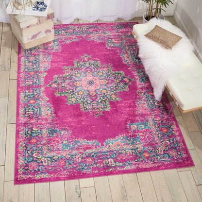 10' Fuchsia And Blue Oriental Distressed Runner Rug