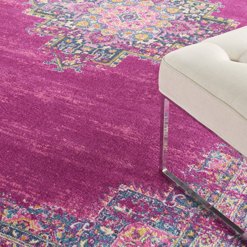 10' Fuchsia And Blue Oriental Distressed Runner Rug