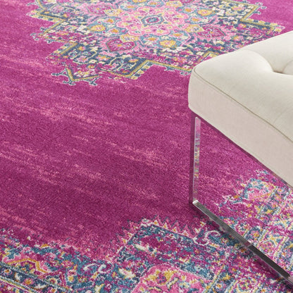 10' Fuchsia And Blue Oriental Distressed Runner Rug