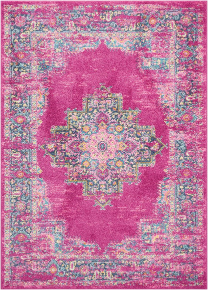 10' Fuchsia And Blue Oriental Distressed Runner Rug