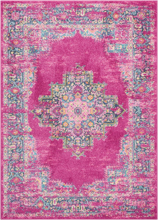 10' Fuchsia And Blue Oriental Distressed Runner Rug