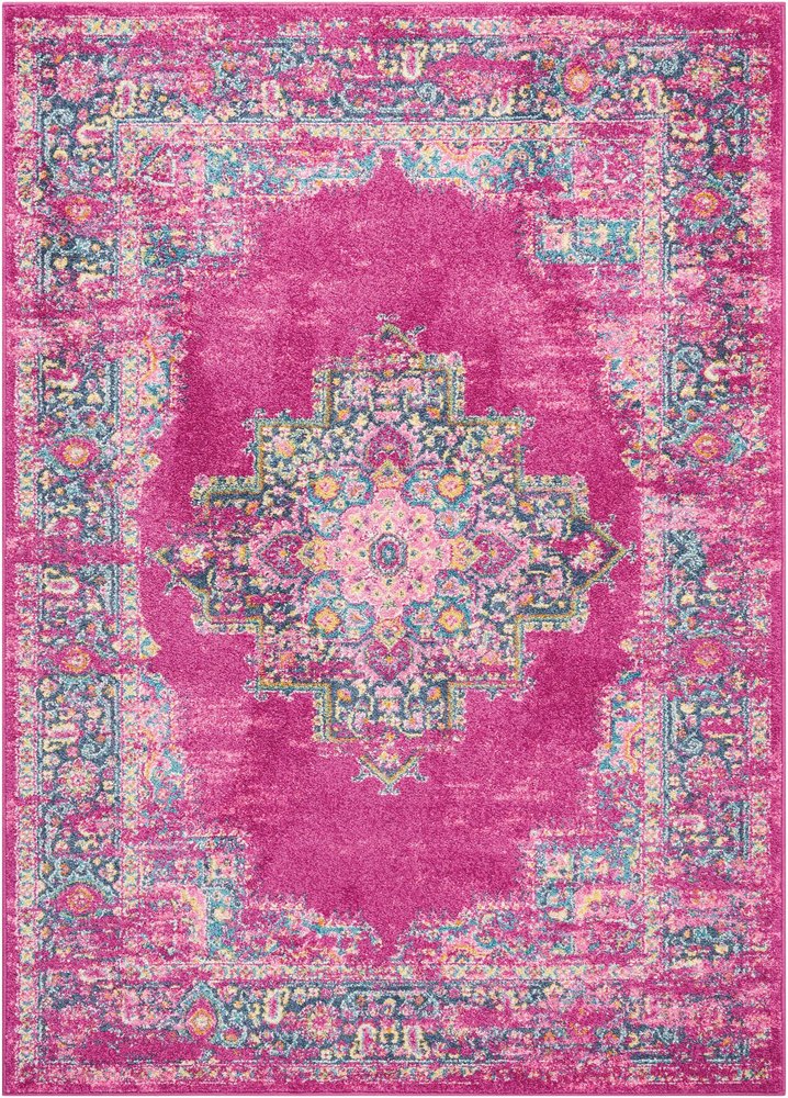 10' Fuchsia And Blue Oriental Distressed Runner Rug
