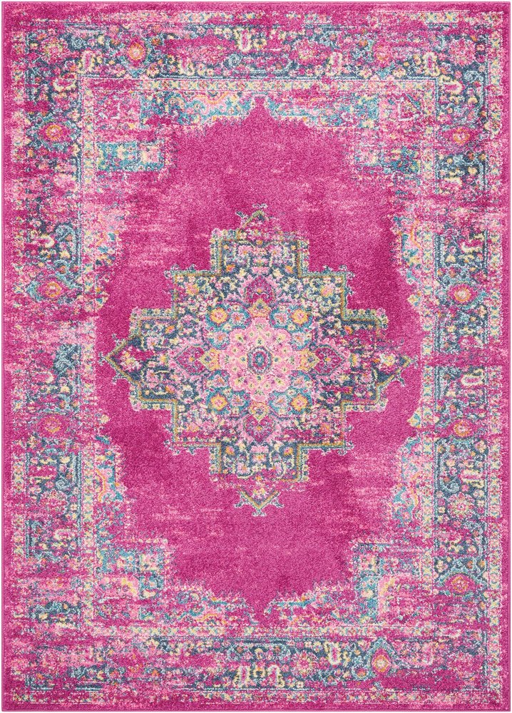 10' Fuchsia And Blue Oriental Distressed Runner Rug