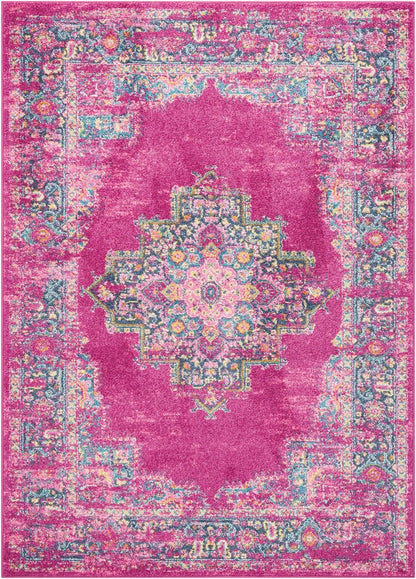 10' Fuchsia And Blue Oriental Distressed Runner Rug