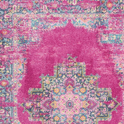 10' Fuchsia And Blue Oriental Distressed Runner Rug