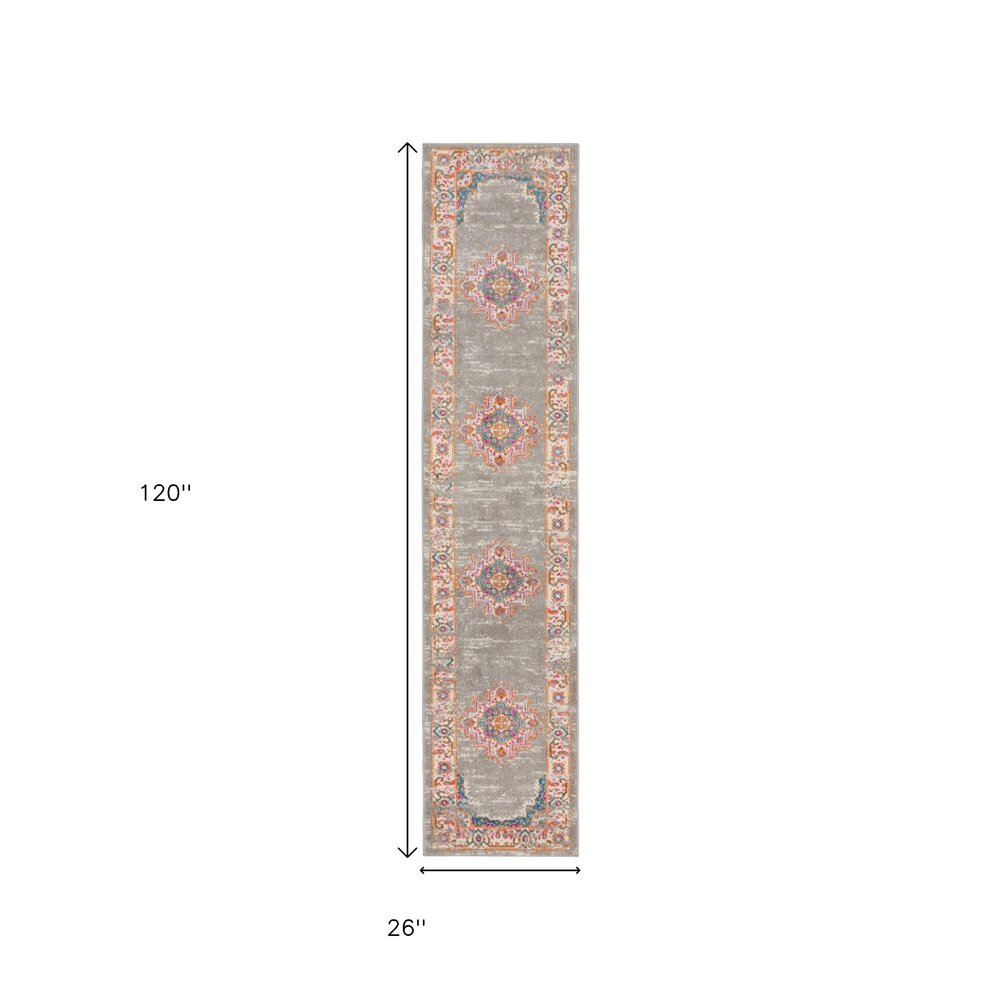 8' Gray And Gold Medallion Distressed Runner Rug