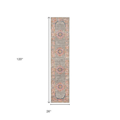8' Gray And Gold Medallion Distressed Runner Rug