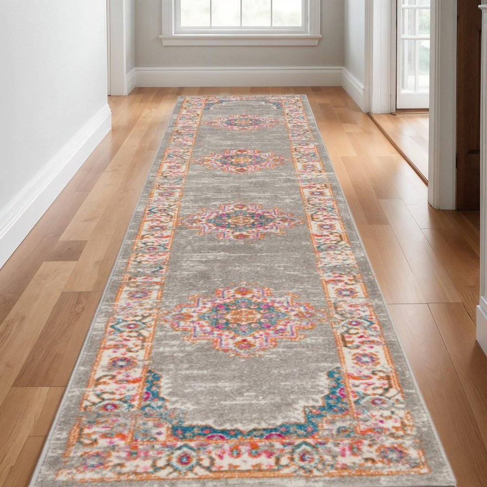 6' Gray And Gold Medallion Distressed Runner Rug