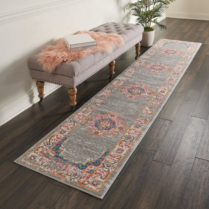 10' Gray And Gold Medallion Distressed Runner Rug