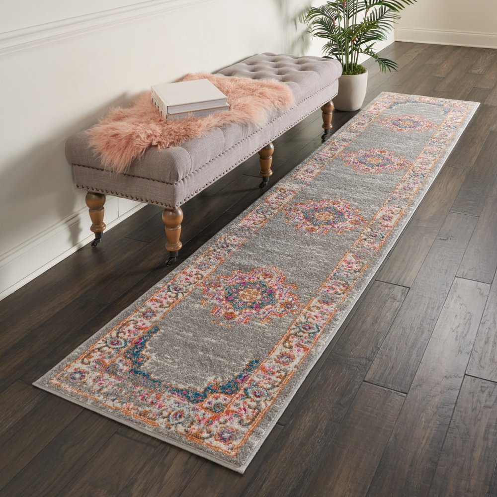 8' Gray And Gold Medallion Distressed Runner Rug