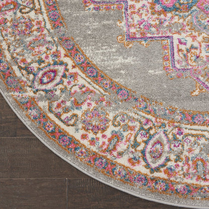 4' Gray And Gold Medallion Distressed Round Rug