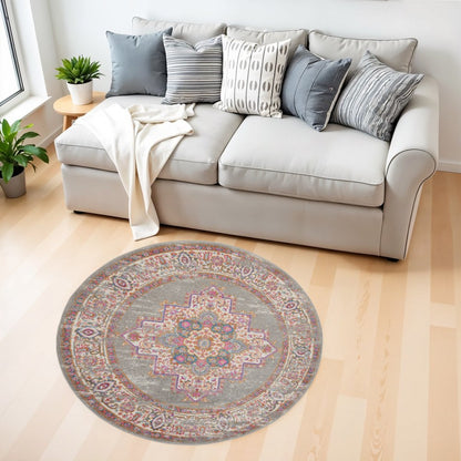 4' Gray And Gold Medallion Distressed Round Rug