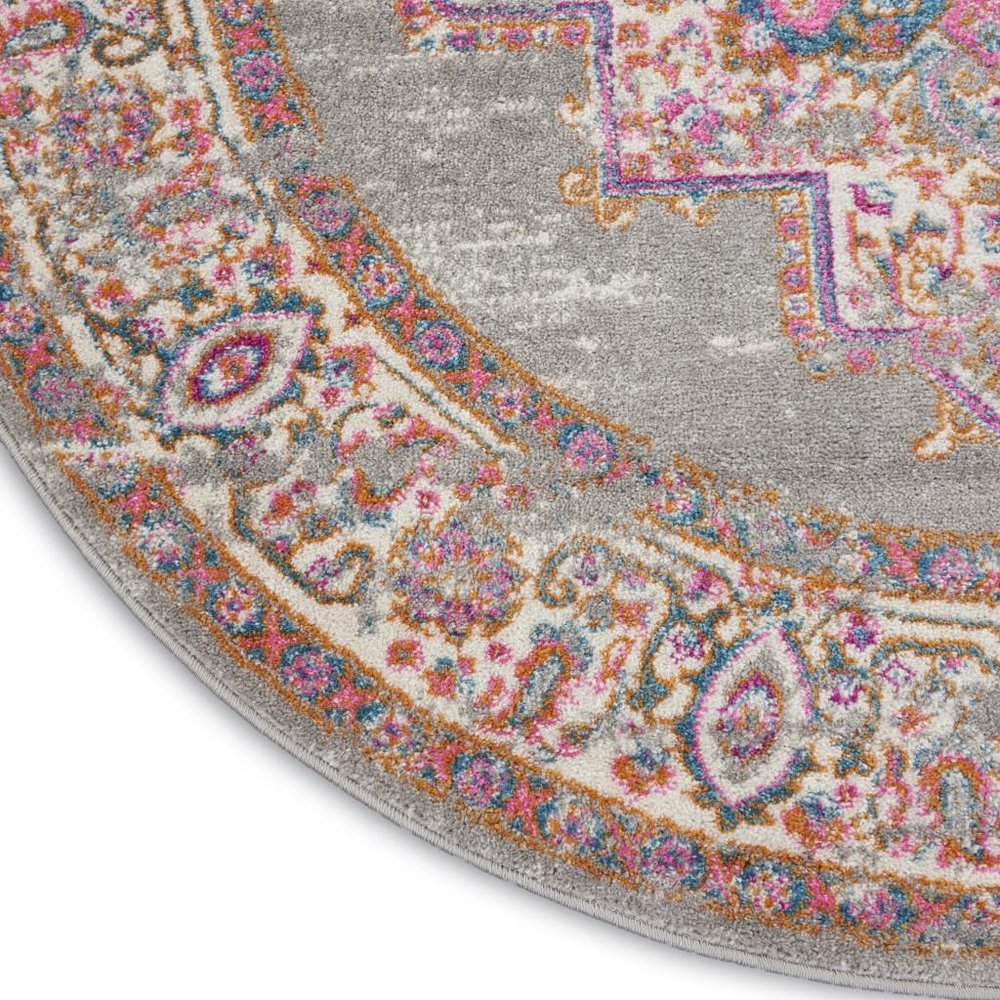 4' Gray And Gold Medallion Distressed Round Rug