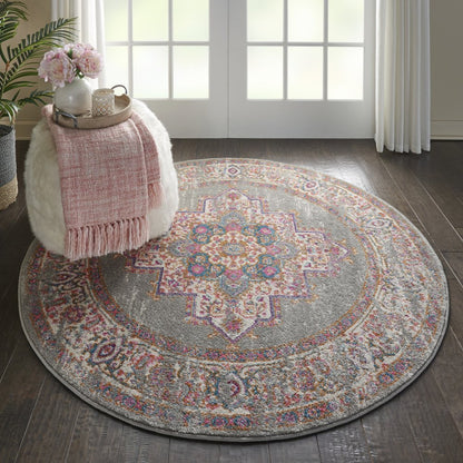 4' Gray And Gold Medallion Distressed Round Rug