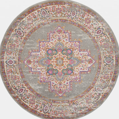 4' Gray And Gold Medallion Distressed Round Rug