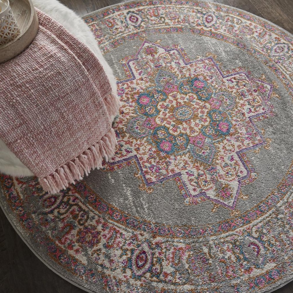 4' Gray And Gold Medallion Distressed Round Rug
