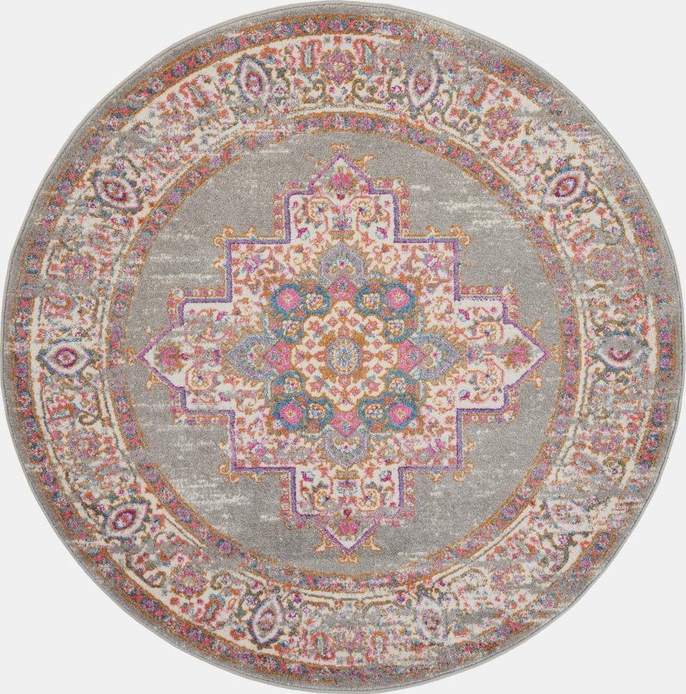 4' Gray And Gold Medallion Distressed Round Rug