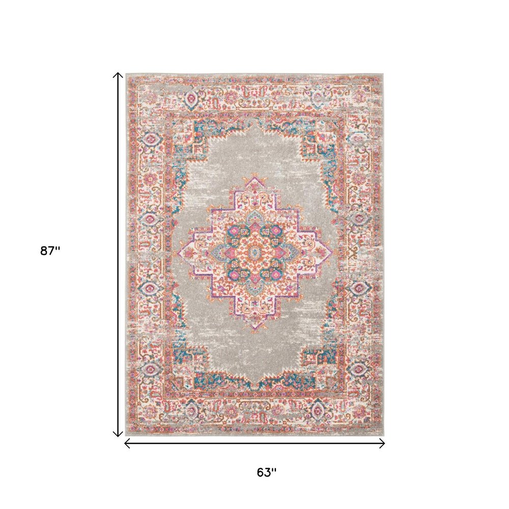 4' Gray And Gold Medallion Distressed Round Rug