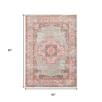 4' Gray And Gold Medallion Distressed Round Rug