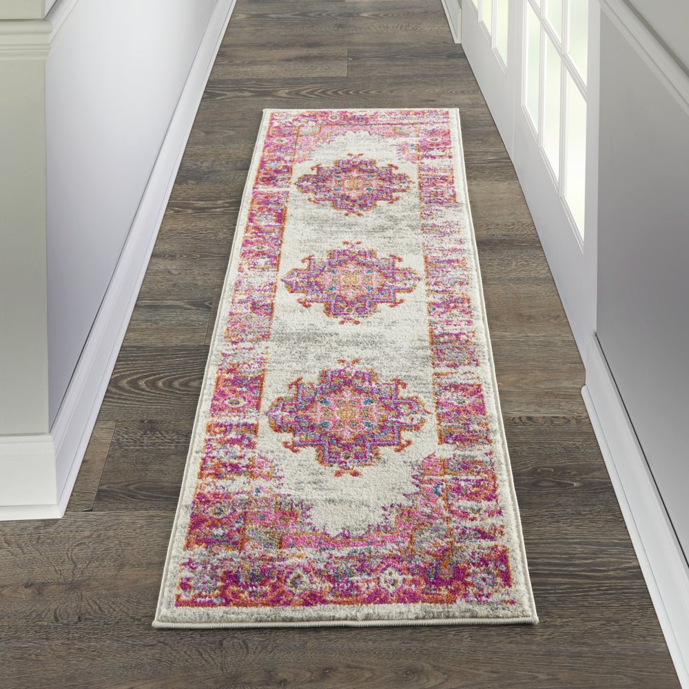 6' Ivory And Fuchsia Oriental Distressed Runner Rug