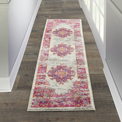 6' Ivory And Fuchsia Oriental Distressed Runner Rug
