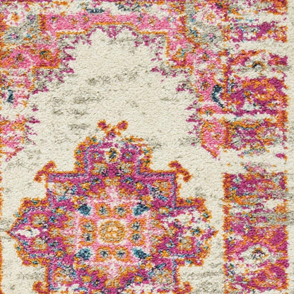 6' Ivory And Fuchsia Oriental Distressed Runner Rug
