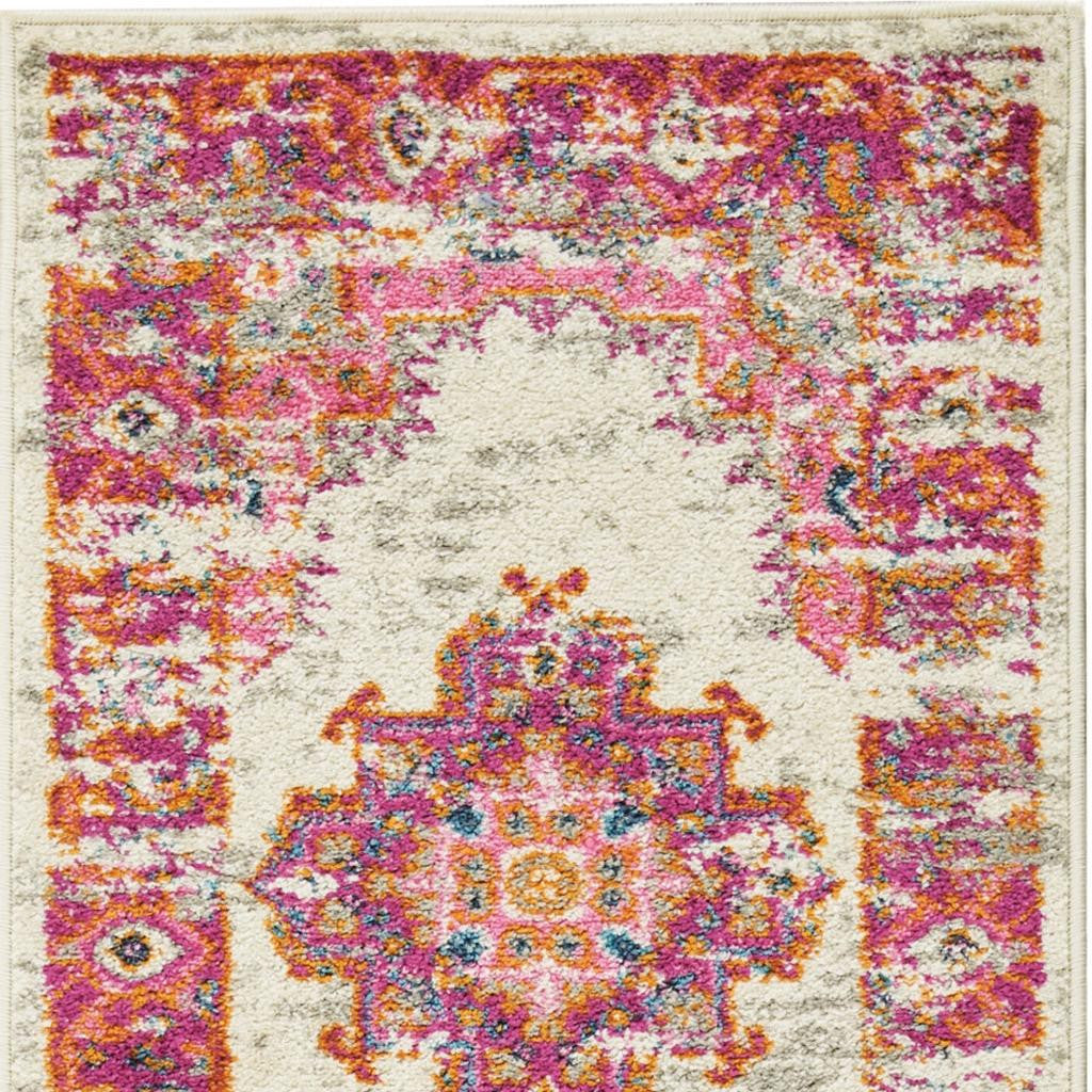 6' Ivory And Fuchsia Oriental Distressed Runner Rug