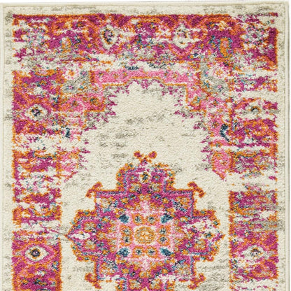 6' Ivory And Fuchsia Oriental Distressed Runner Rug