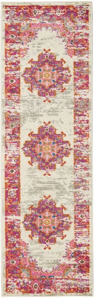 6' Ivory And Fuchsia Oriental Distressed Runner Rug