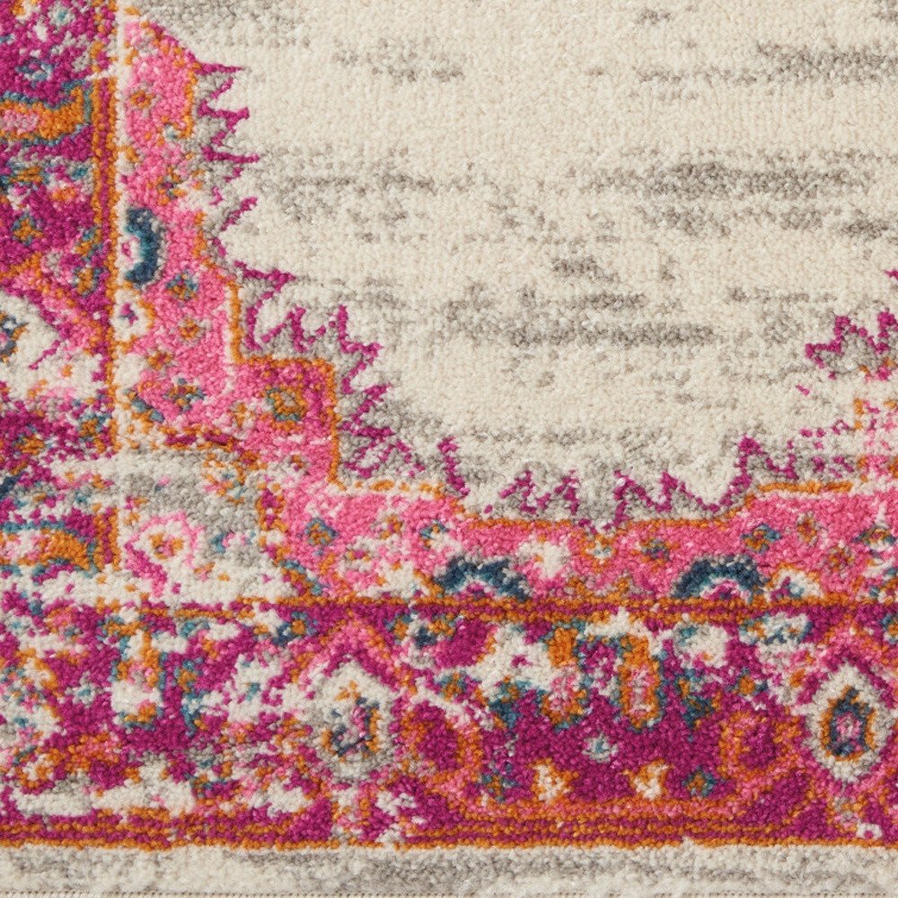 6' Ivory And Fuchsia Oriental Distressed Runner Rug