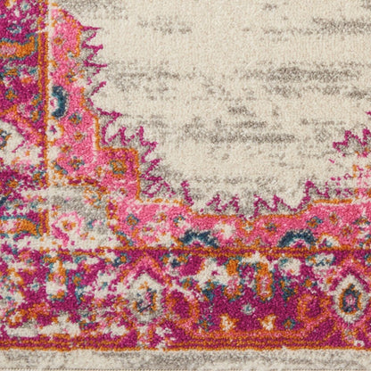 6' Ivory And Fuchsia Oriental Distressed Runner Rug