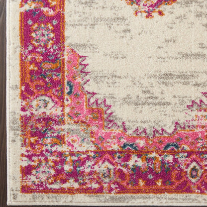 6' Ivory And Fuchsia Oriental Distressed Runner Rug